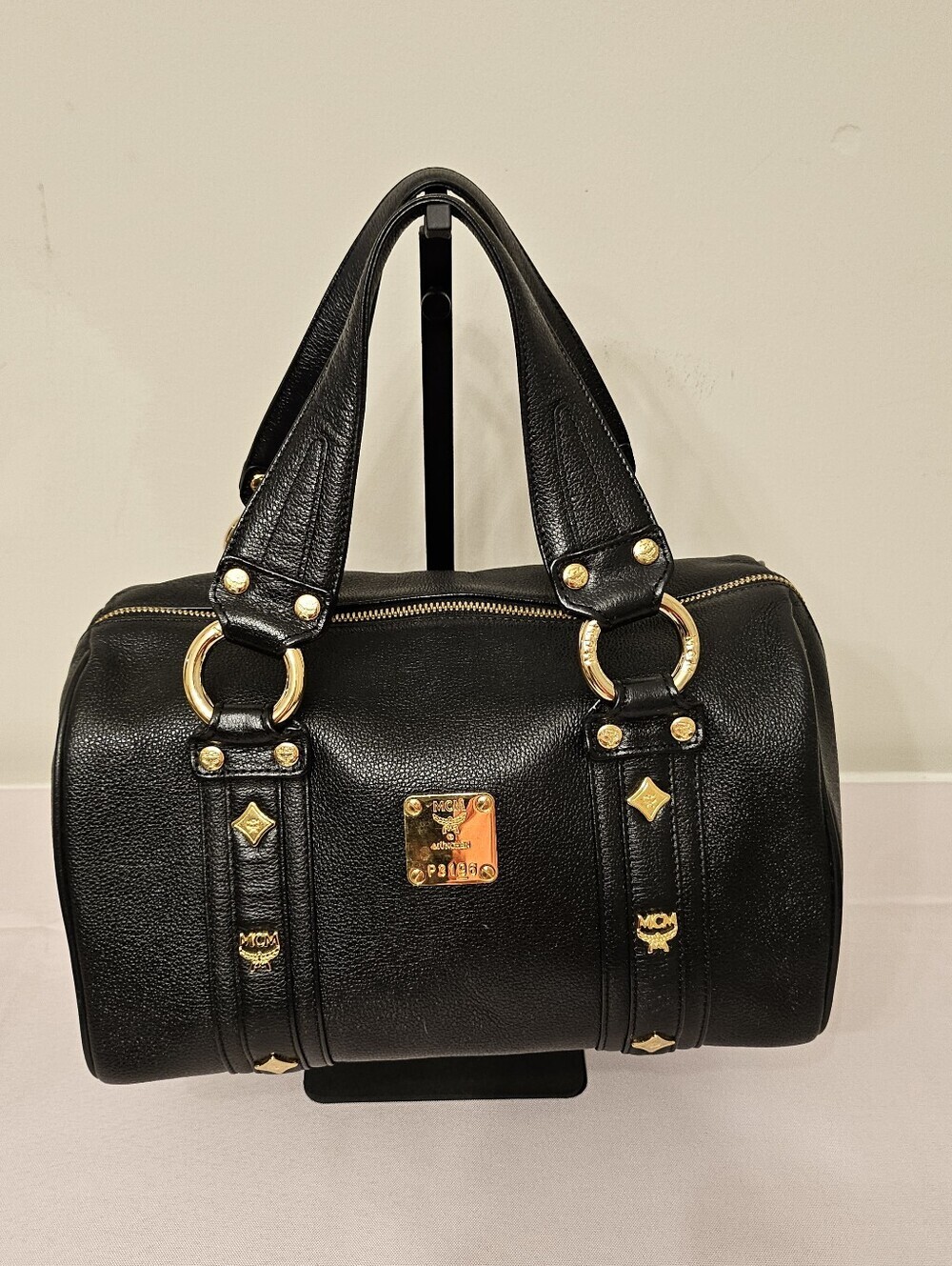 MCM Black Pebbled Leather Boston Bowler Satchel – Gold Hardware